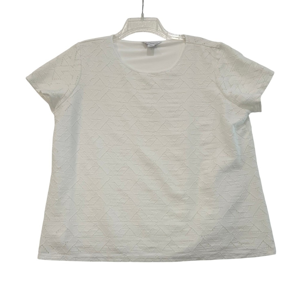 Liz Claiborne White Geometric Lace Short Sleeve Blouse Lined Crew Neck Top XL